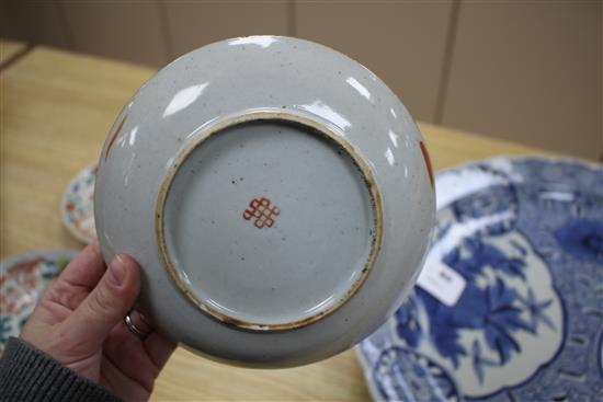 A near set of six 19th century Chinese famille rose saucer dishes, each painted with fruit and shou characters, diameter ranging 16.3cm